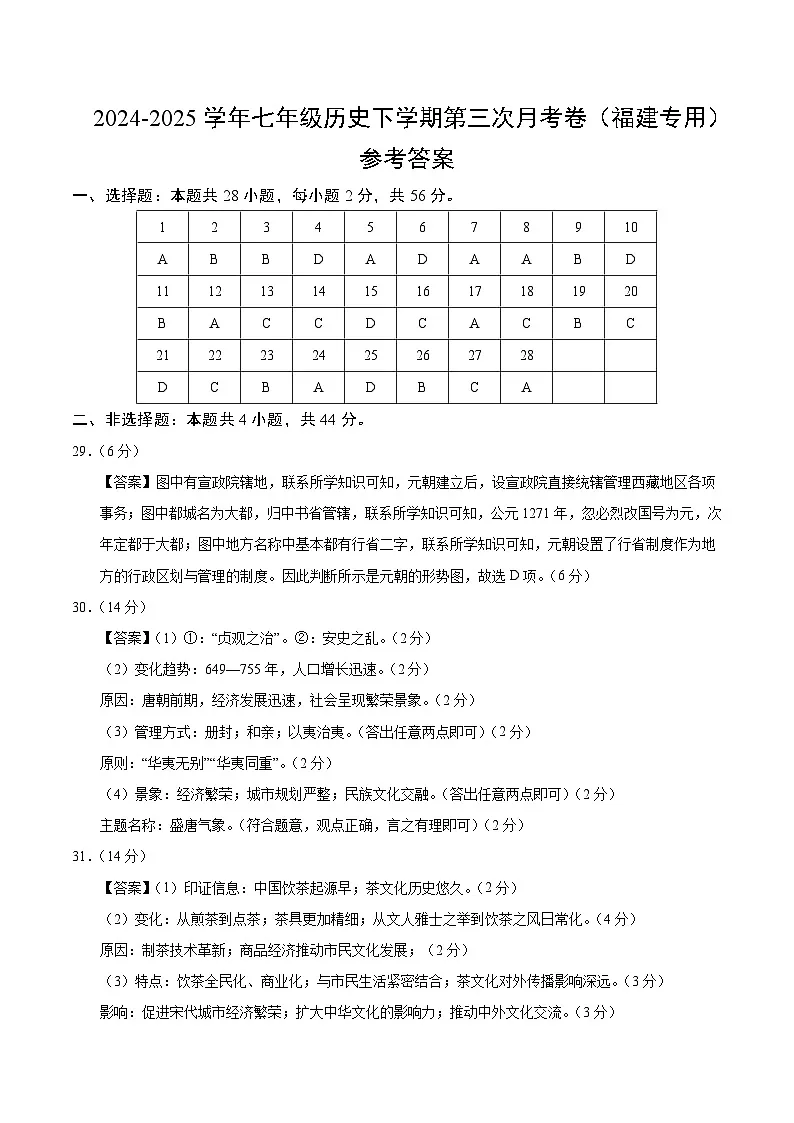 七年级历史月考卷(参考答案)(福建专用)第1页