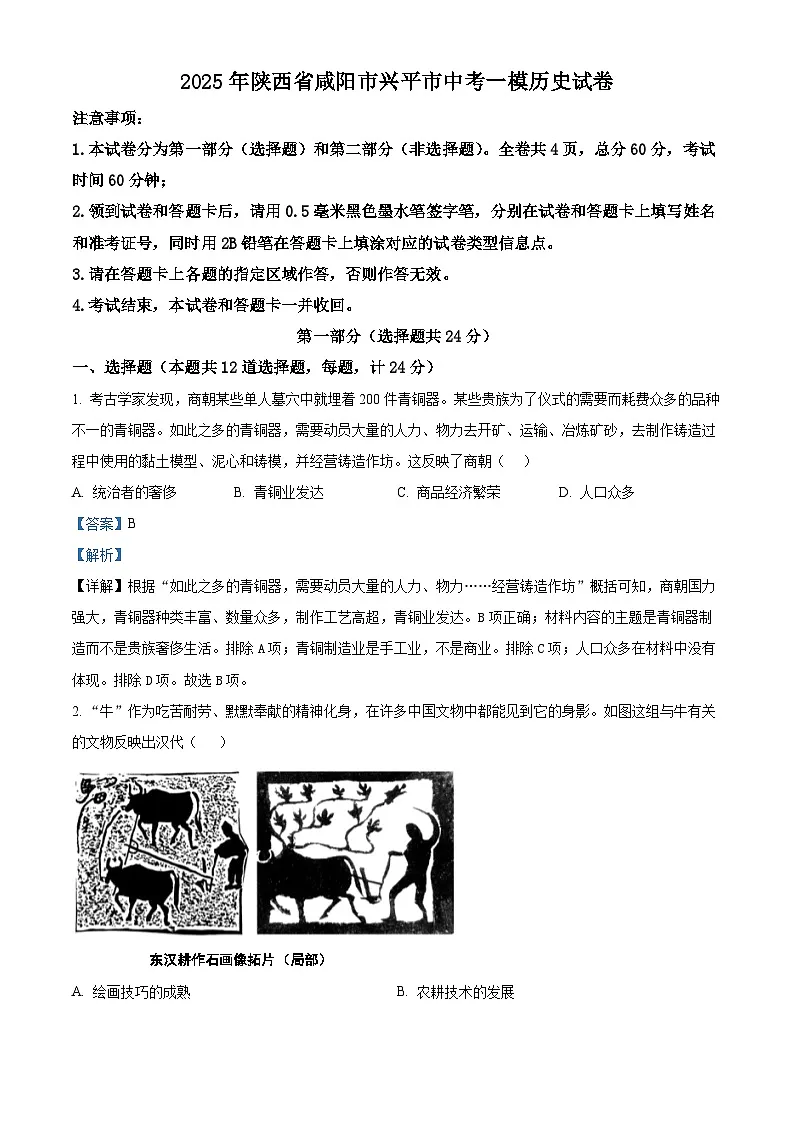 2025年陕西省咸阳市兴平市中考一模历史试题(解析版)第1页
