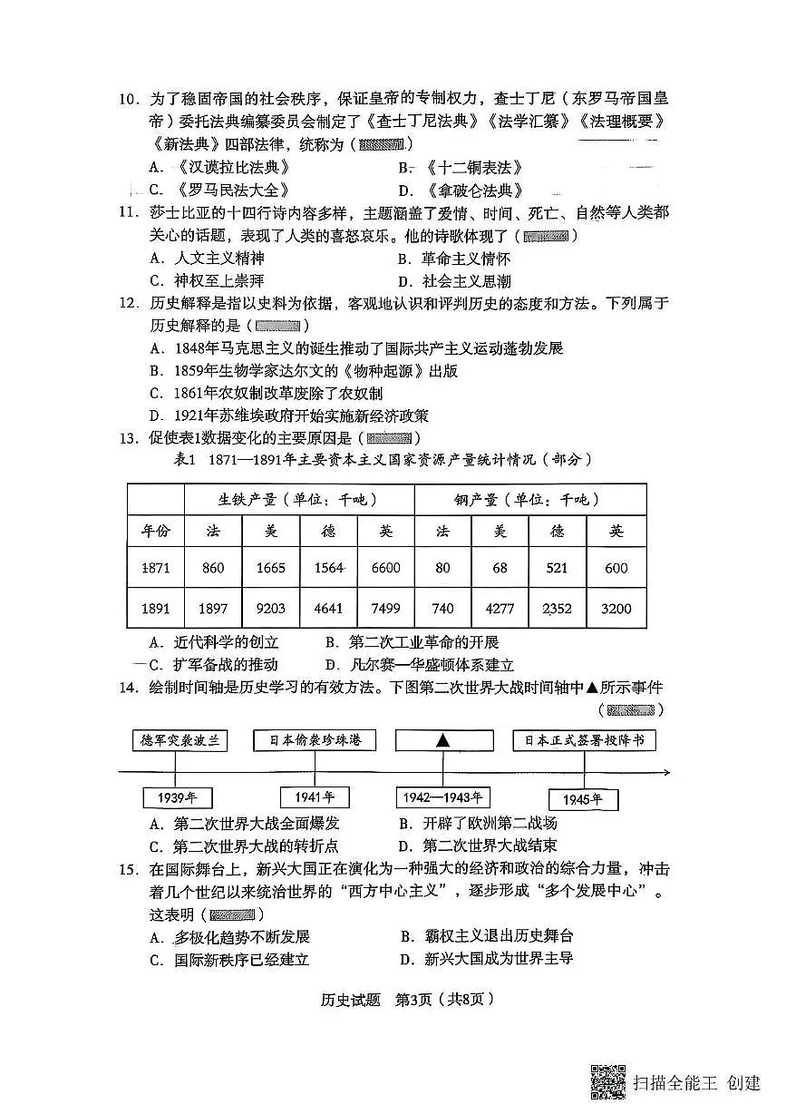 2025年辽宁省沈阳市沈河区中考二模历史试卷(图片版,含答案)第3页