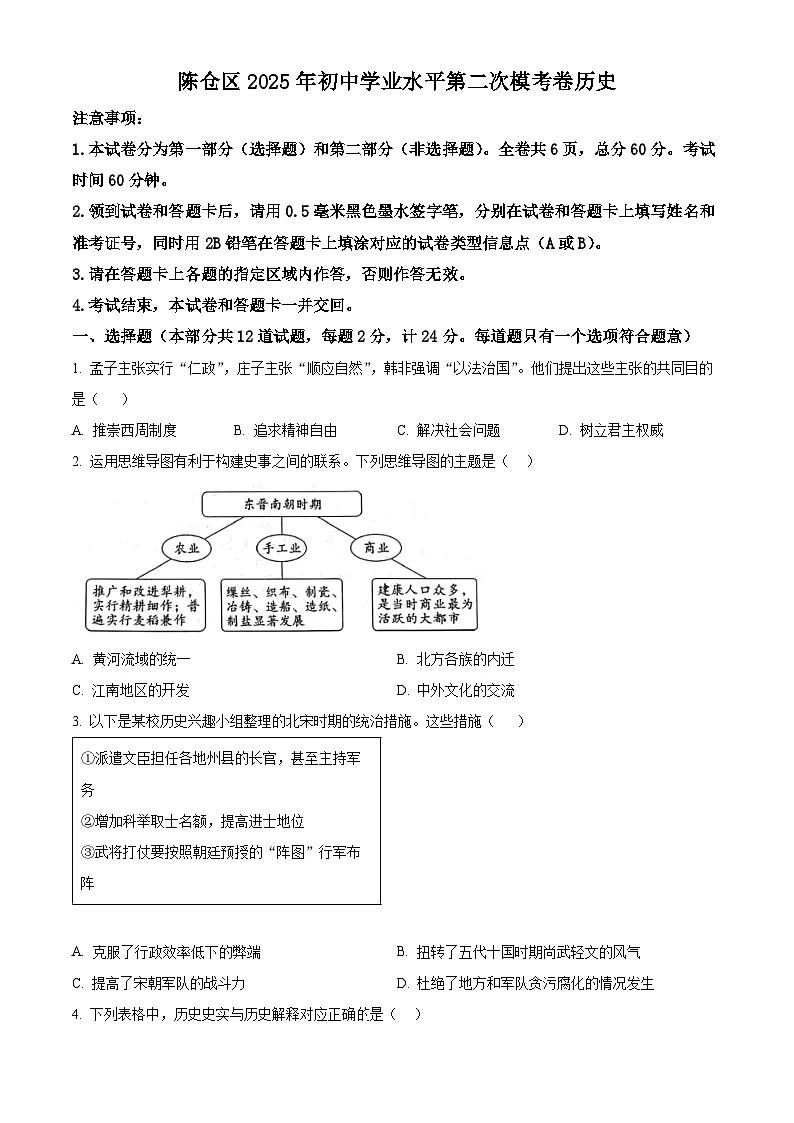 2025年陕西省宝鸡市陈仓区中考二模历史试题(含答案)第1页