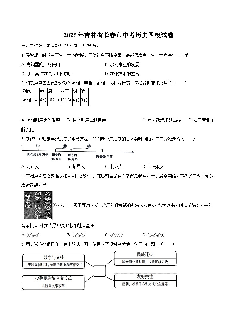2025年吉林省长春市中考历史四模试卷(含答案)第1页