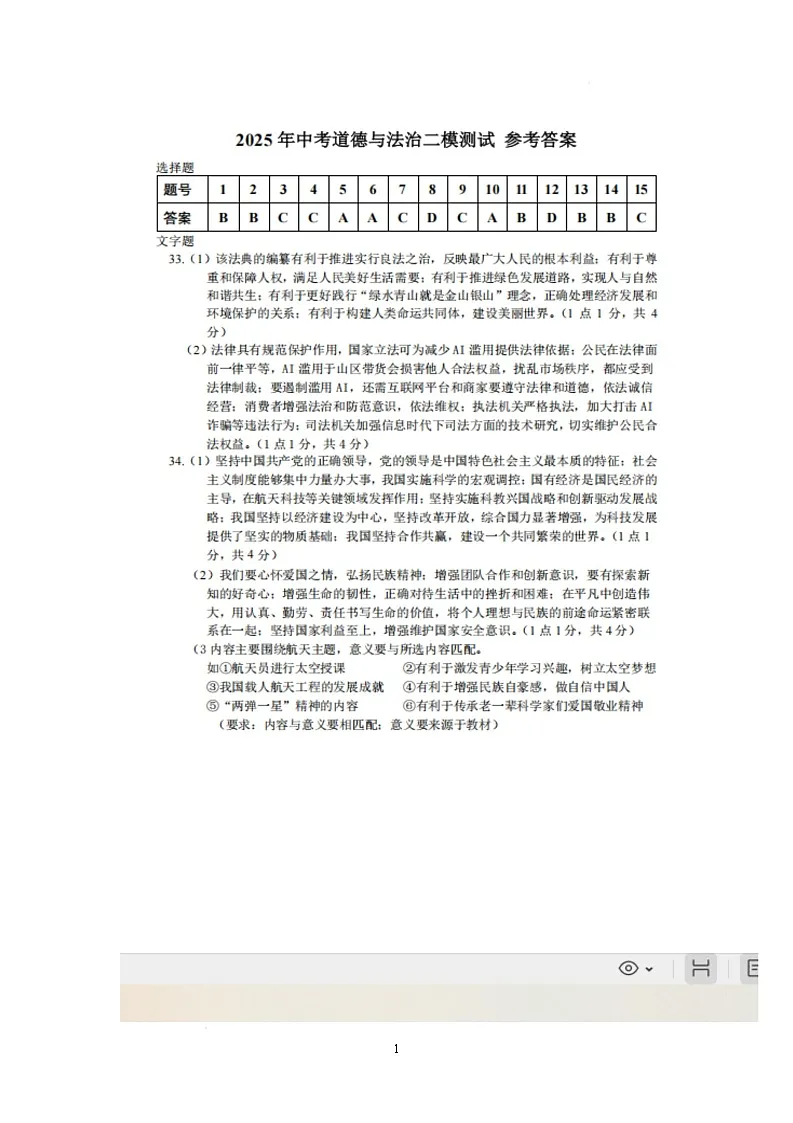 启东政史二模 九年级政治、历史二模考试参考答案第1页