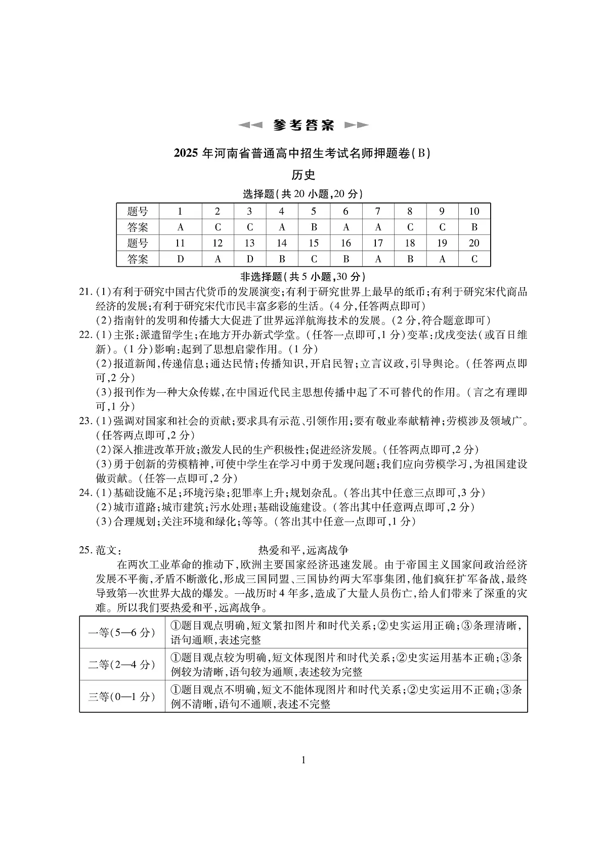 2025名师押题卷B卷历史答案第1页