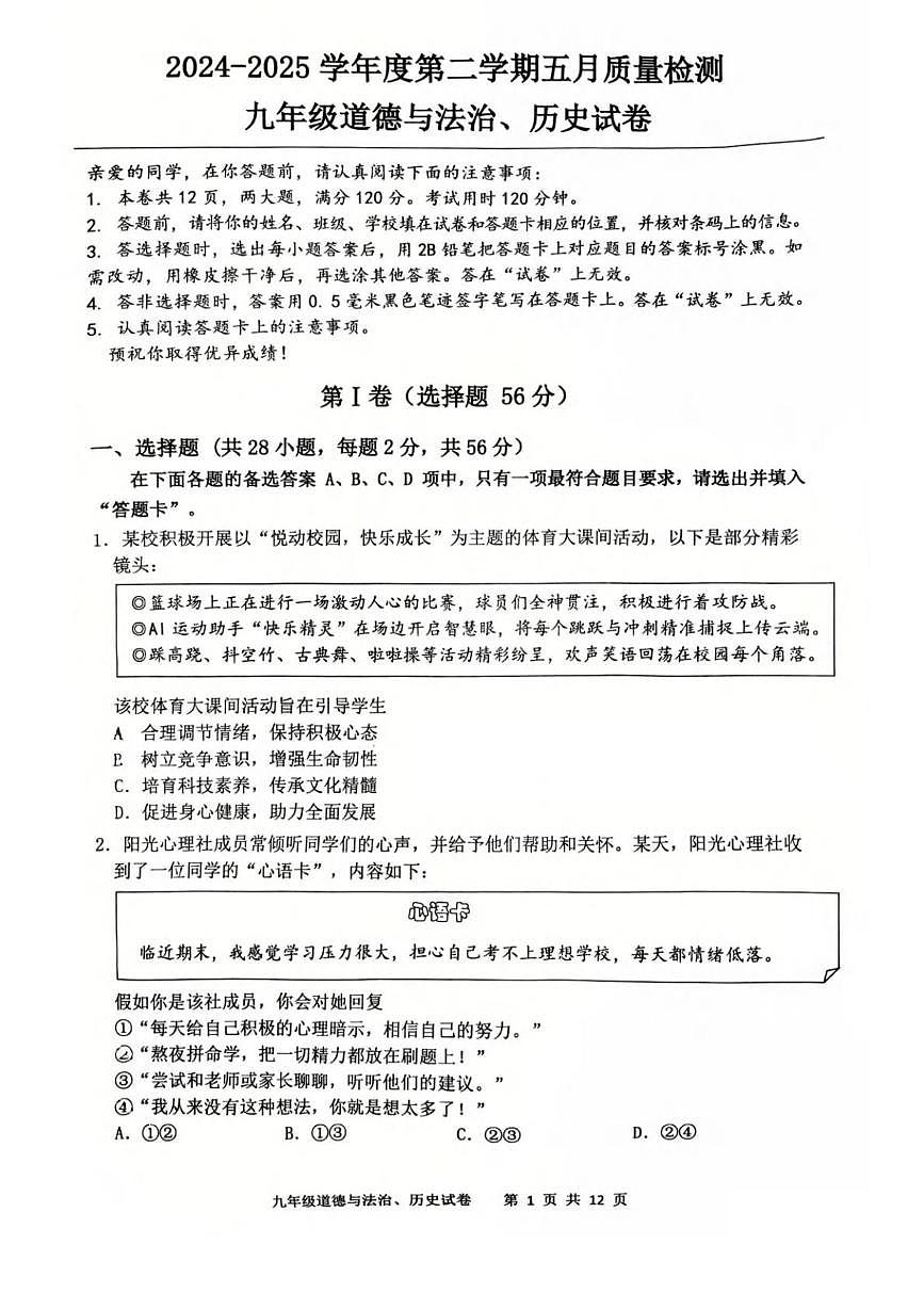 湖北省武汉市洪山区2024-2025学年部编版九年级下学期道法、历史月考试卷第1页