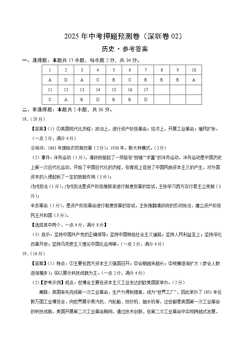 历史(深圳卷02)(参考答案)第1页
