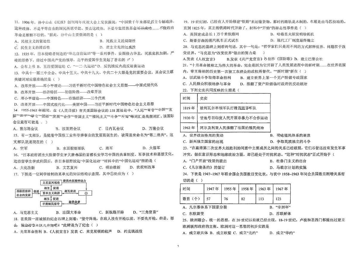 云南省曲靖市麒麟区第七中学九年级下学期第五次月考历史试卷第2页