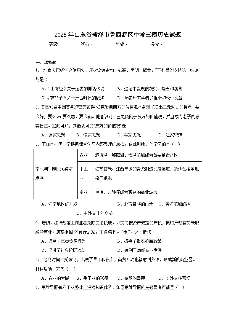 2025年山东省菏泽市鲁西新区中考三模历史试题(附答案解析)第1页