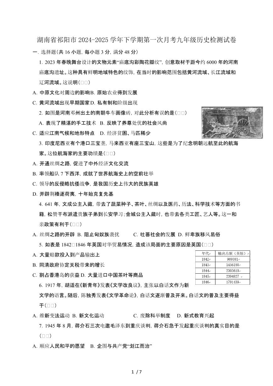 湖南祁阳2024_2025学年第二学期第一次月考九年级历史试卷2[有答案]