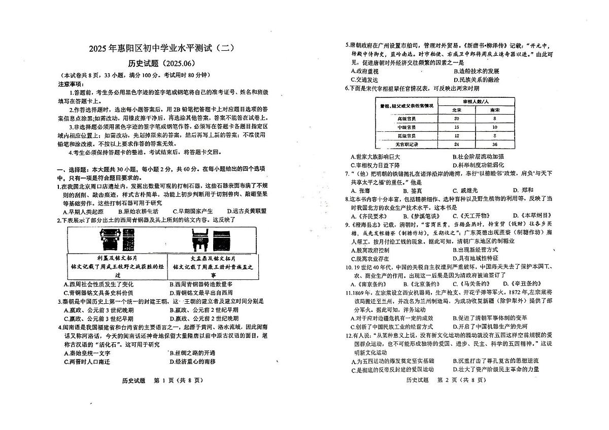 2025年惠阳区初中历史学业水平测试(二)第1页