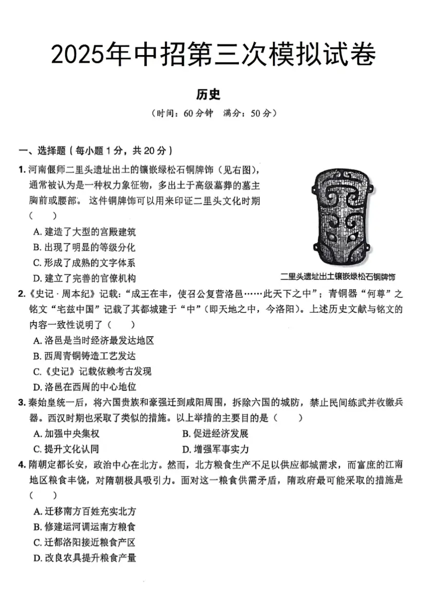 2025年河南省平顶山市鲁山县第六教研区中考三模历史试卷第1页