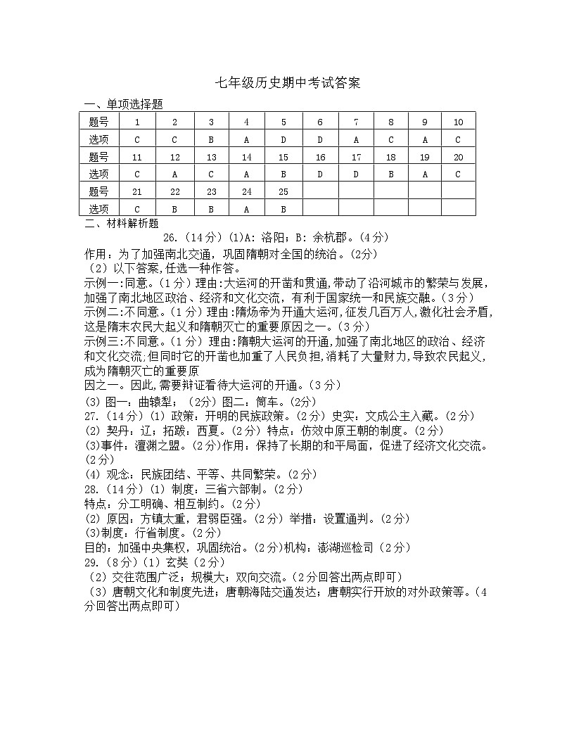 答案七年级历史期中考试第1页