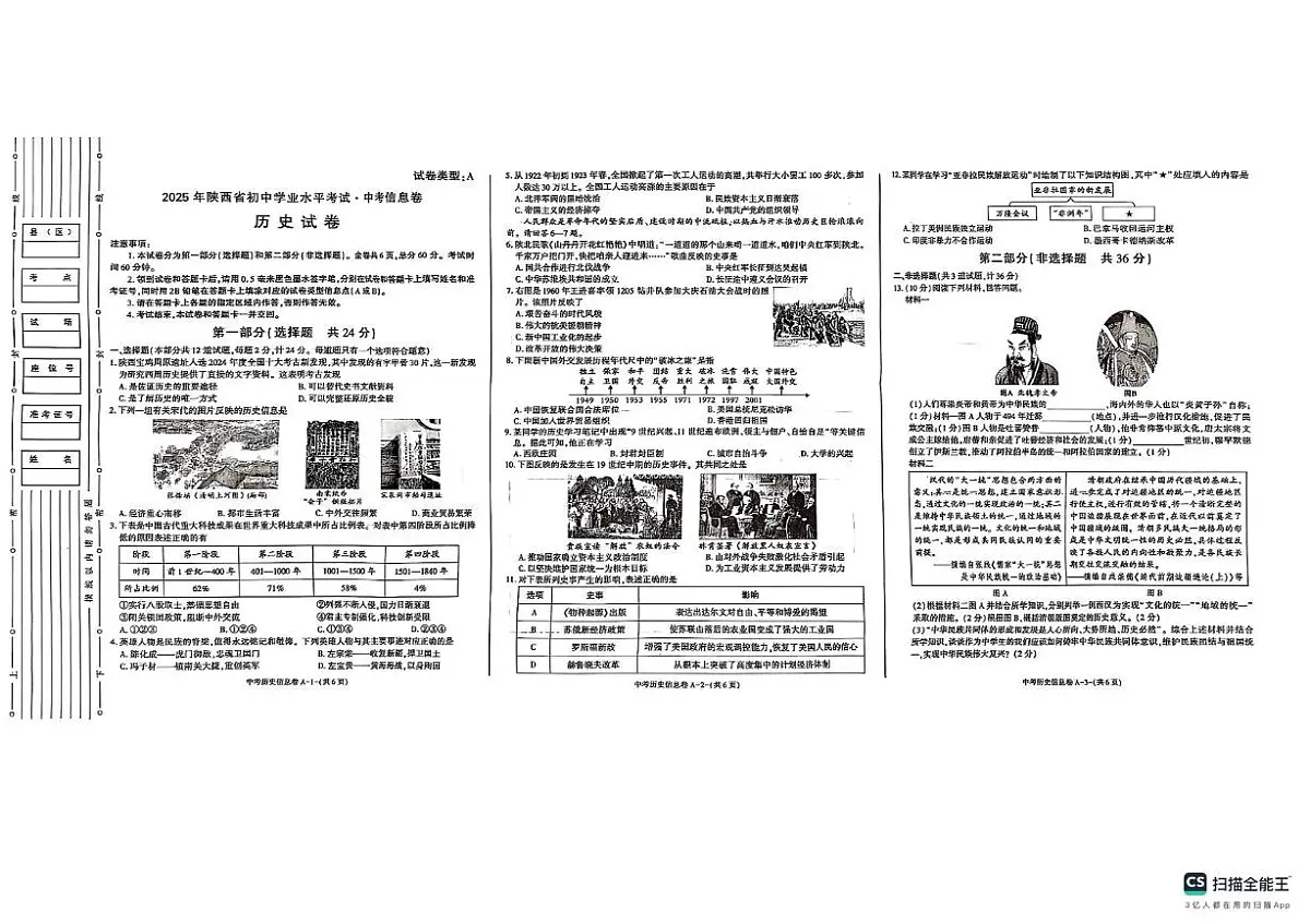 2025年陕西省咸阳市三模历史试题(中考模拟)第1页