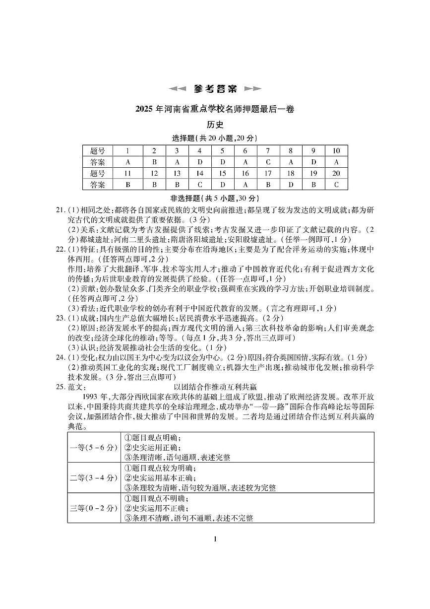 2025历史押题最后一卷答案第1页