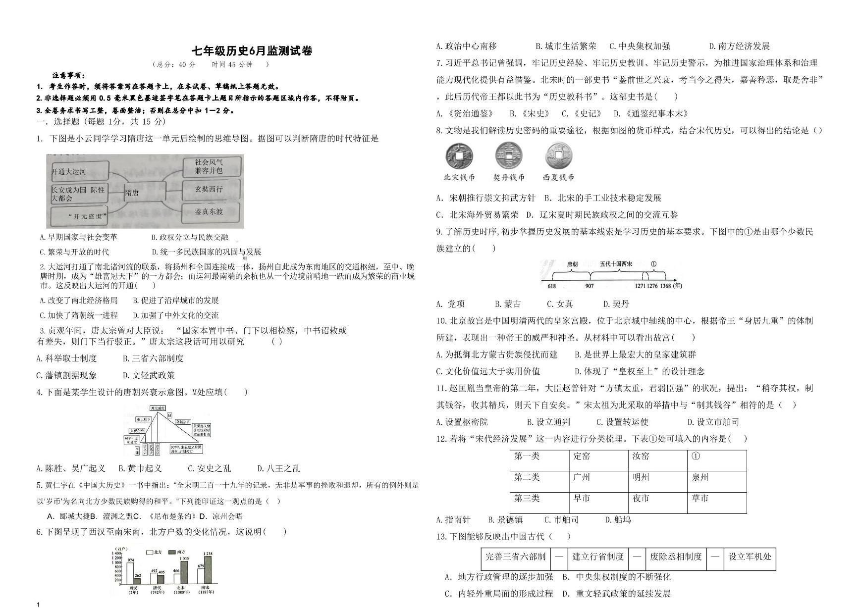 四川省泸州市合江少岷初中2024-2025学年七年级下学期6月月考历史试题