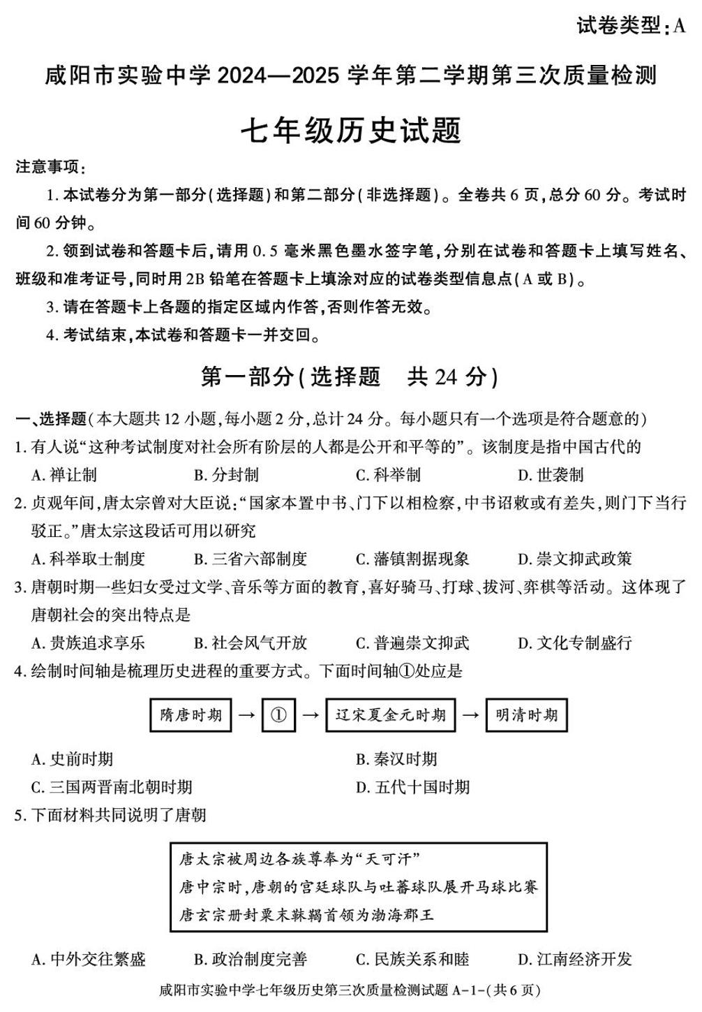 陕西省咸阳市实验中学2024-2025学年七年级下学期第三次月考 历史试卷