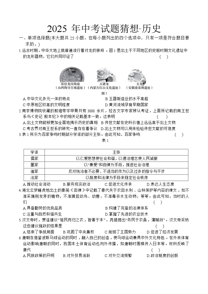 江西省2025年初中学业水平考试猜想卷历史试题卷第1页