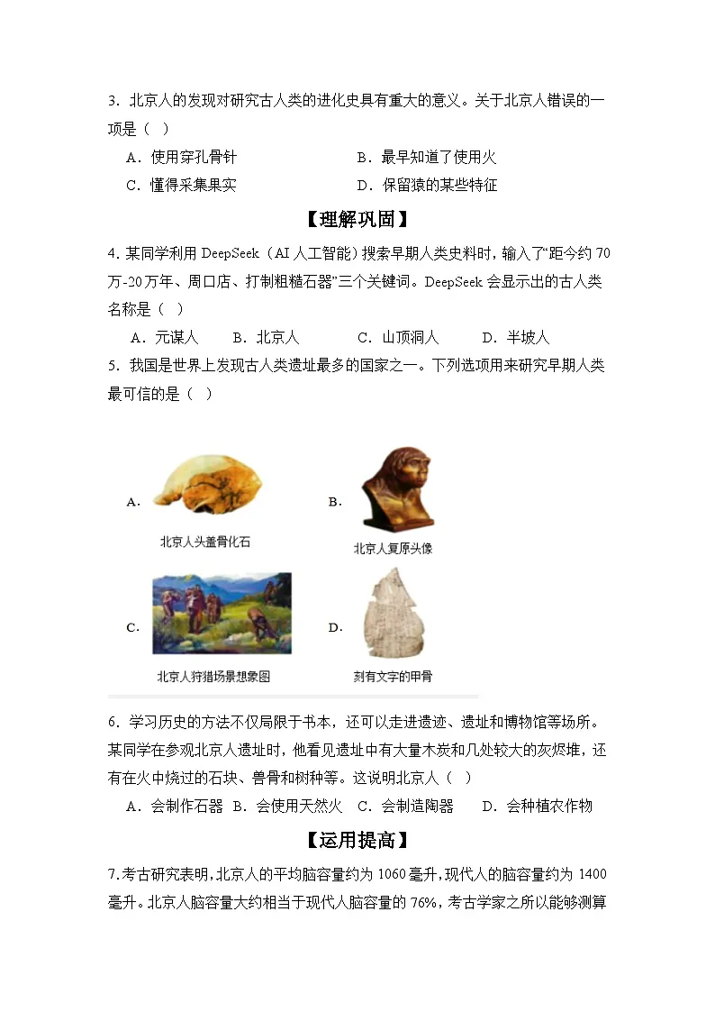 【分层同步练】1.1 远古时期的人类活动 同步练习(原卷版) 2025--2026学年部编版七年级历史上学期第3页