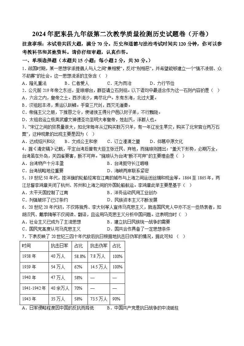 【9历二模】2024年安徽省合肥市肥东县中考二模历史试题(含解析)第1页