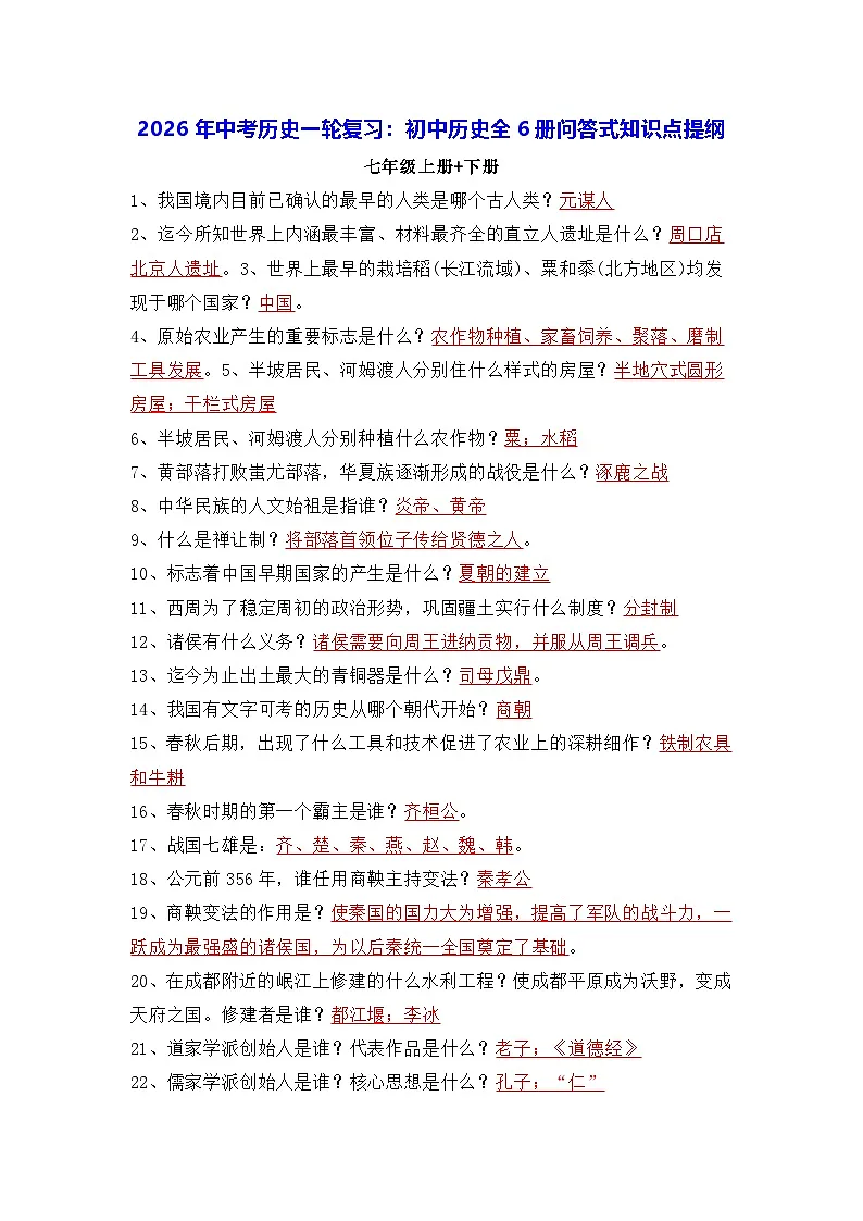 2026年中考历史一轮复习:初中历史全6册问答式知识点提纲 学案第1页