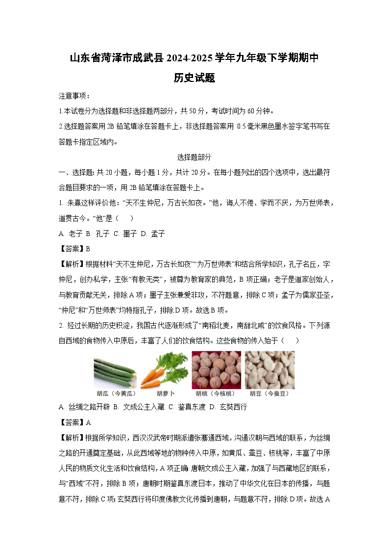 山东省菏泽市成武县2024-2025学年九年级下学期期中真题历史试卷（解析版）