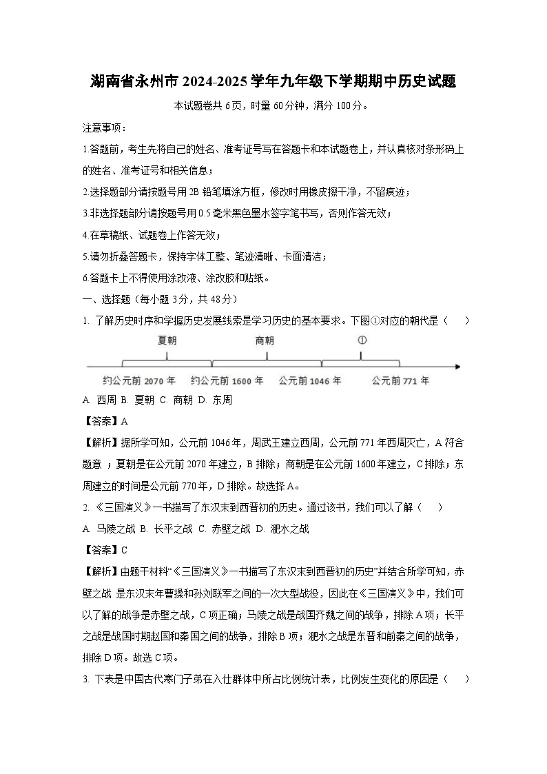 湖南省永州市2024-2025学年九年级下学期期中历史试卷（解析版）