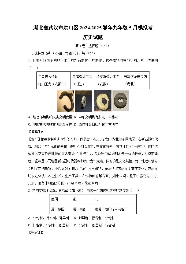 湖北省武汉市洪山区2024-2025学年九年级下5月模拟考历史试卷（解析版）