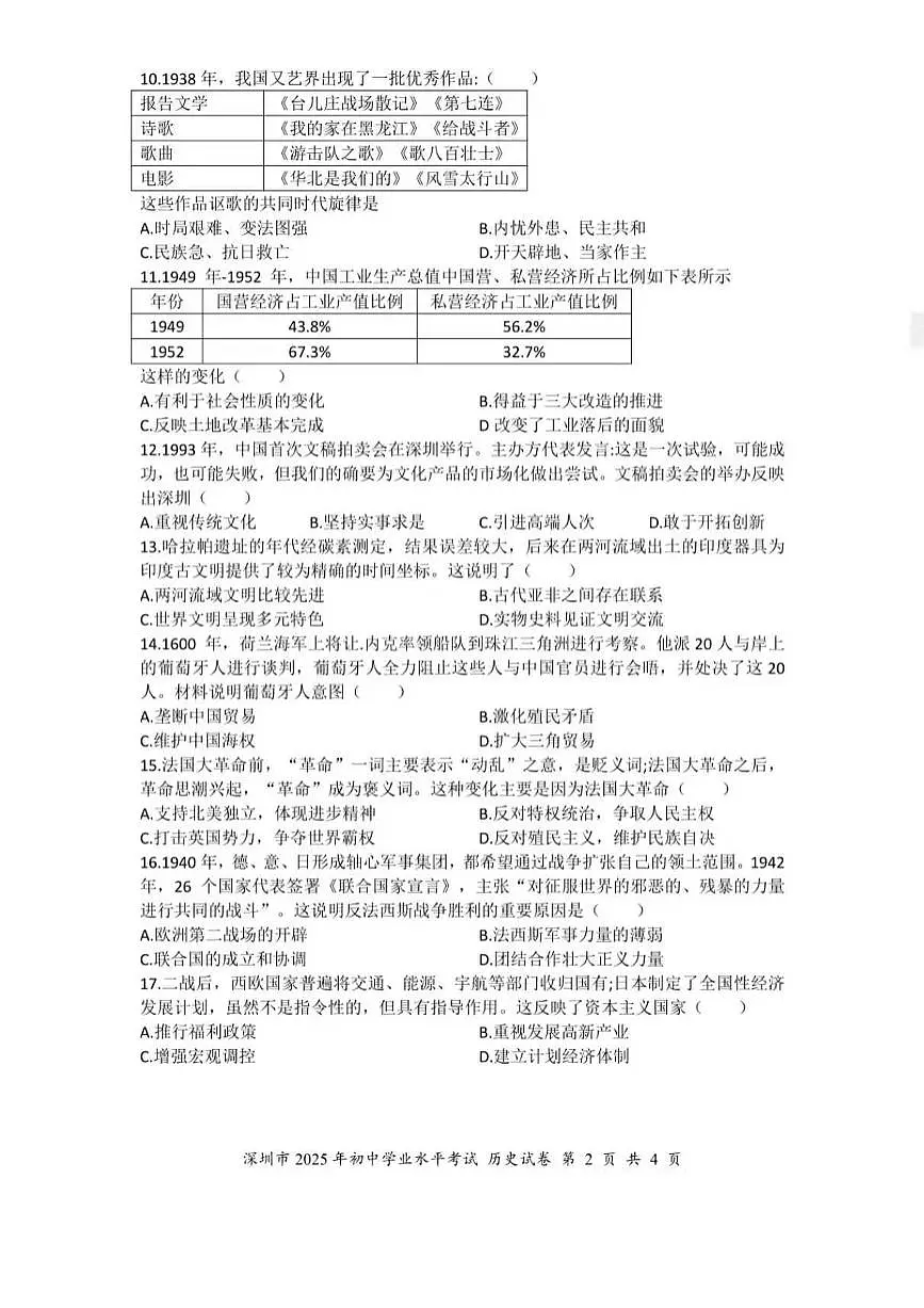 2025年深圳市中考历史真题(含答案)第2页