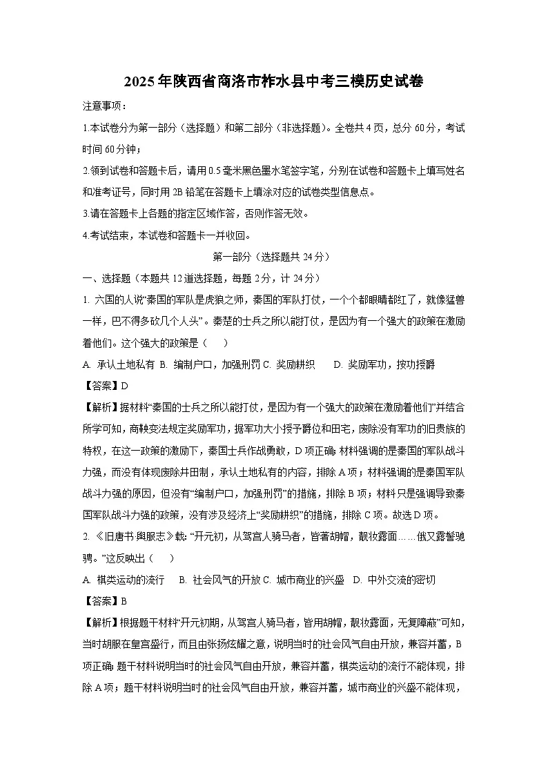 2025年陕西省商洛市柞水县中考三模历史试卷(解析版)第1页