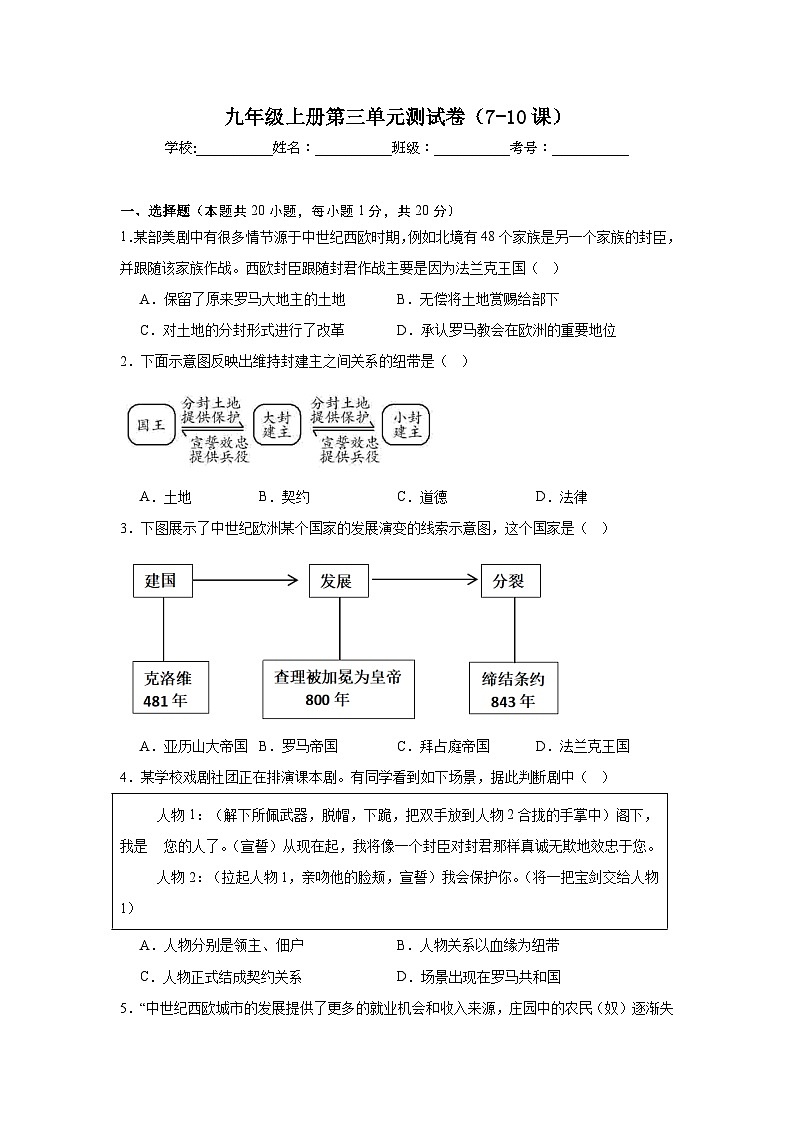 人教版初中历史九年级上册第三单元测试卷(含答案)(7-10课)第1页