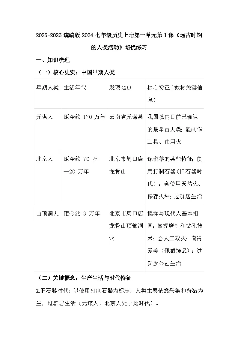 2025-2026 统编版 2024 七年级历史上册第一单元第 1课《远古时期的人类活动》培优练习(有答案)第1页