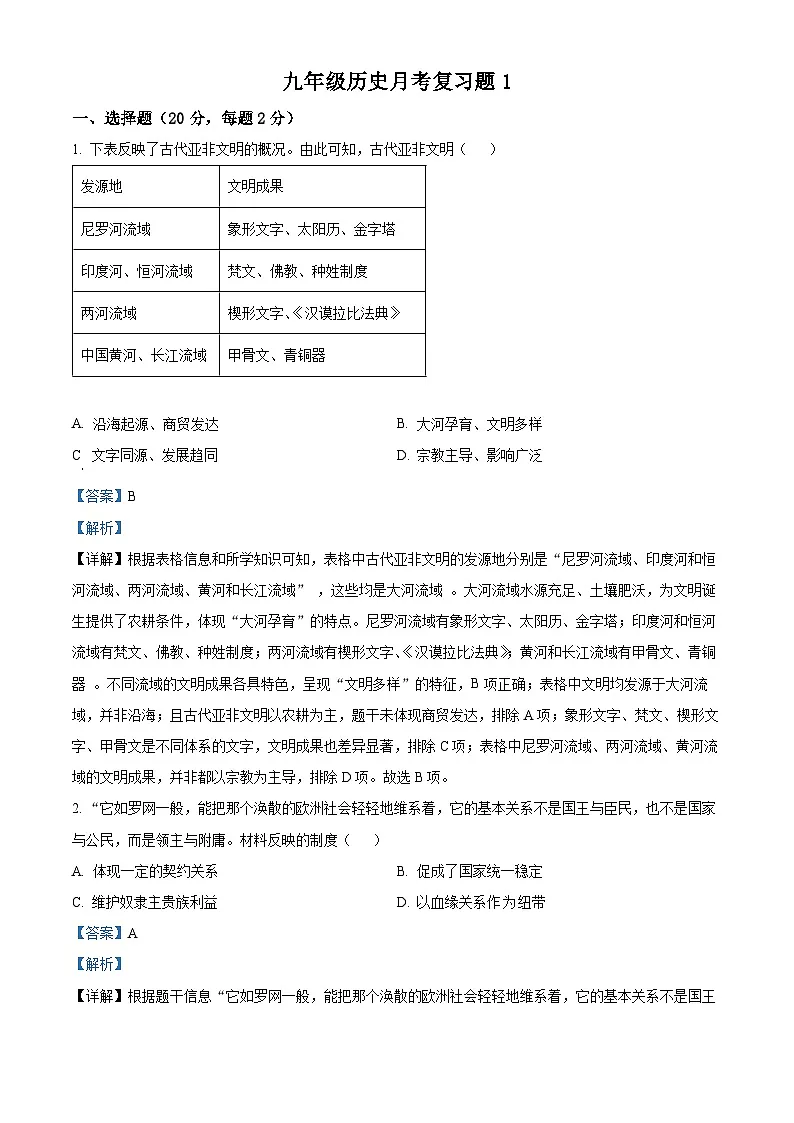 陕西省西安市2025-2026学年九年级上学期第一次月考历史试题(解析版)第1页