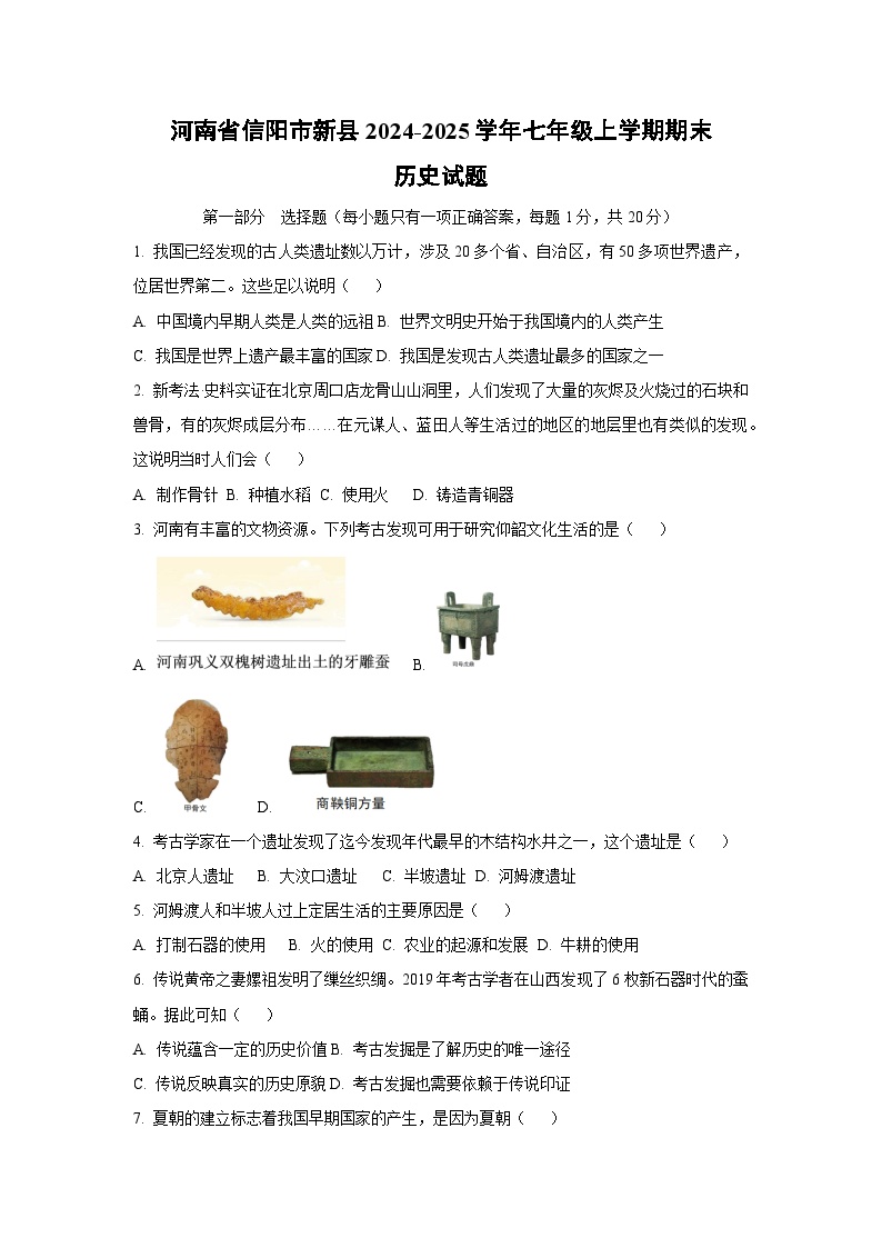 河南省信阳市新县2024-2025学年七年级上学期期末历史试卷（学生版）