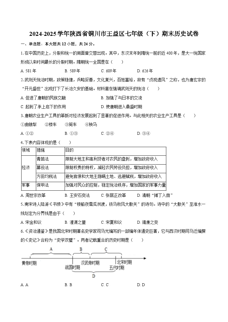 2024-2025学年陕西省铜川市王益区七年级（下）期末历史试卷（含答案）