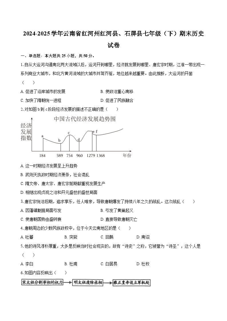 2024-2025学年云南省红河州红河县、石屏县七年级（下）期末历史试卷-自定义类型
