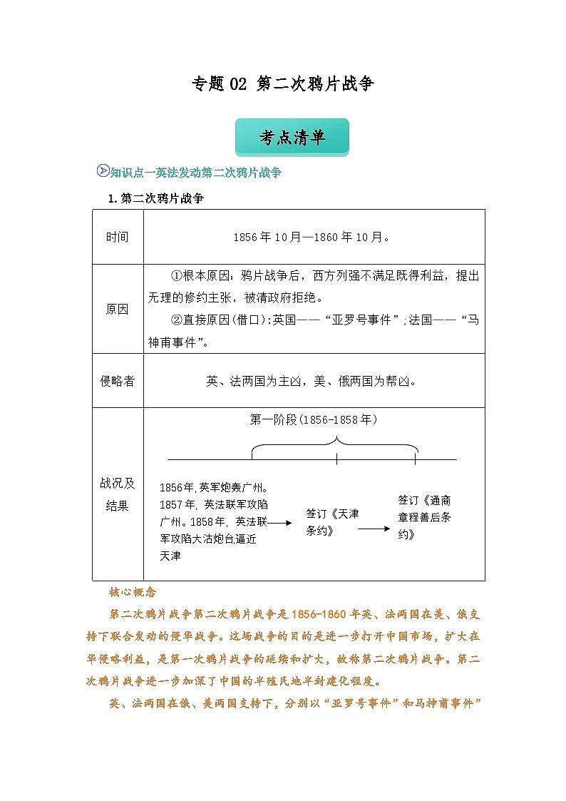 专题02 第二次鸦片战争(word)八上历史人教版2024 期中复习 知识点+习题(解析版)第1页
