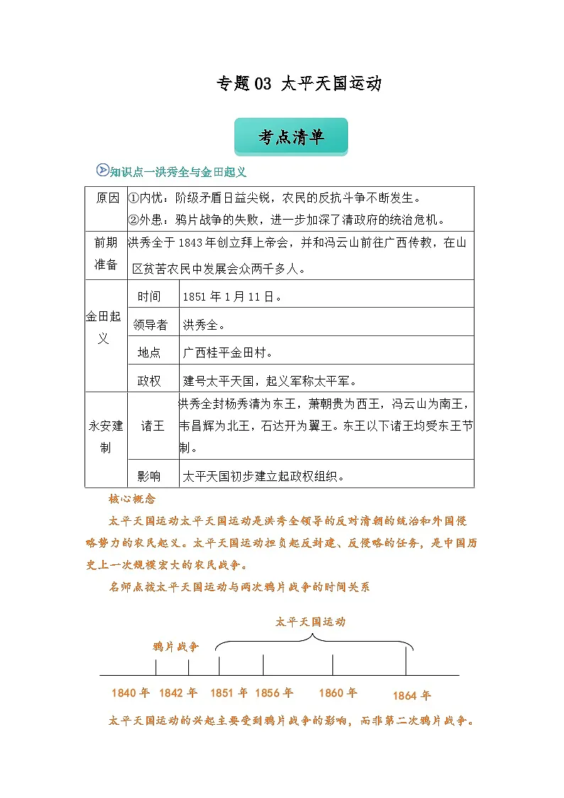 专题03 太平天国运动(word)八上历史人教版2024 期中复习 知识点+习题(原卷版)第1页