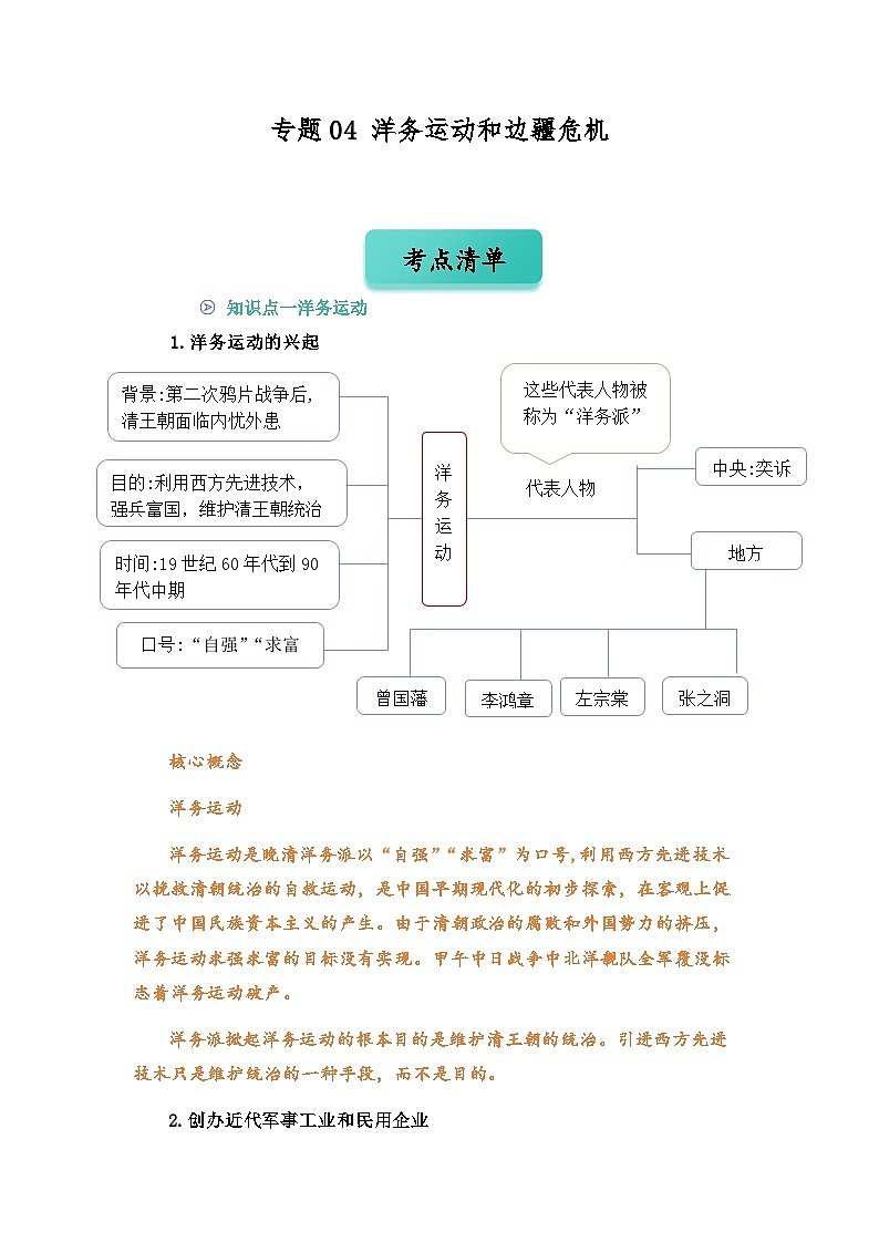 专题04 洋务运动和边疆危机 (word)八上历史人教版2024 期中复习 知识点+习题(解析版)第1页