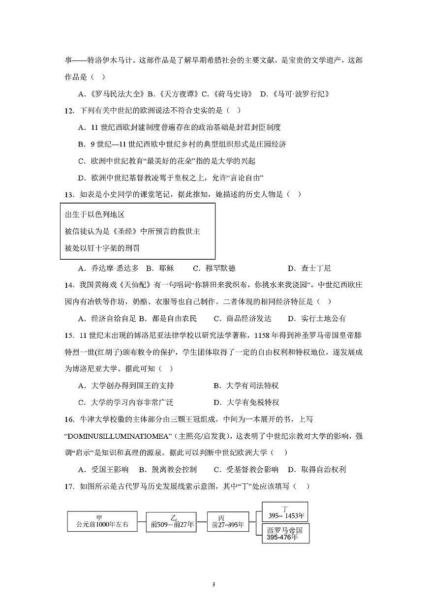 山东省乐陵市杨安镇中学2025-2026学年九年级上学期历史第一次月考试题第3页