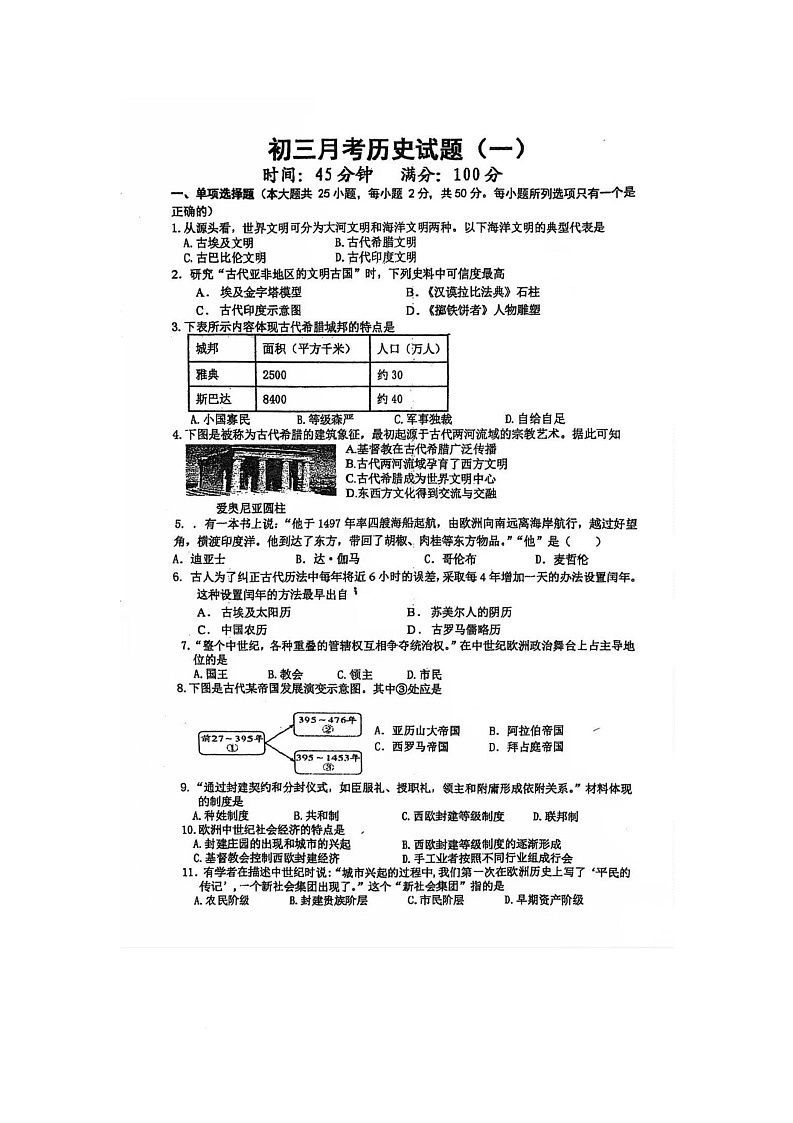 山东省日照市岚山区2025-2026学年九年级上学期10月月考历史试题第1页