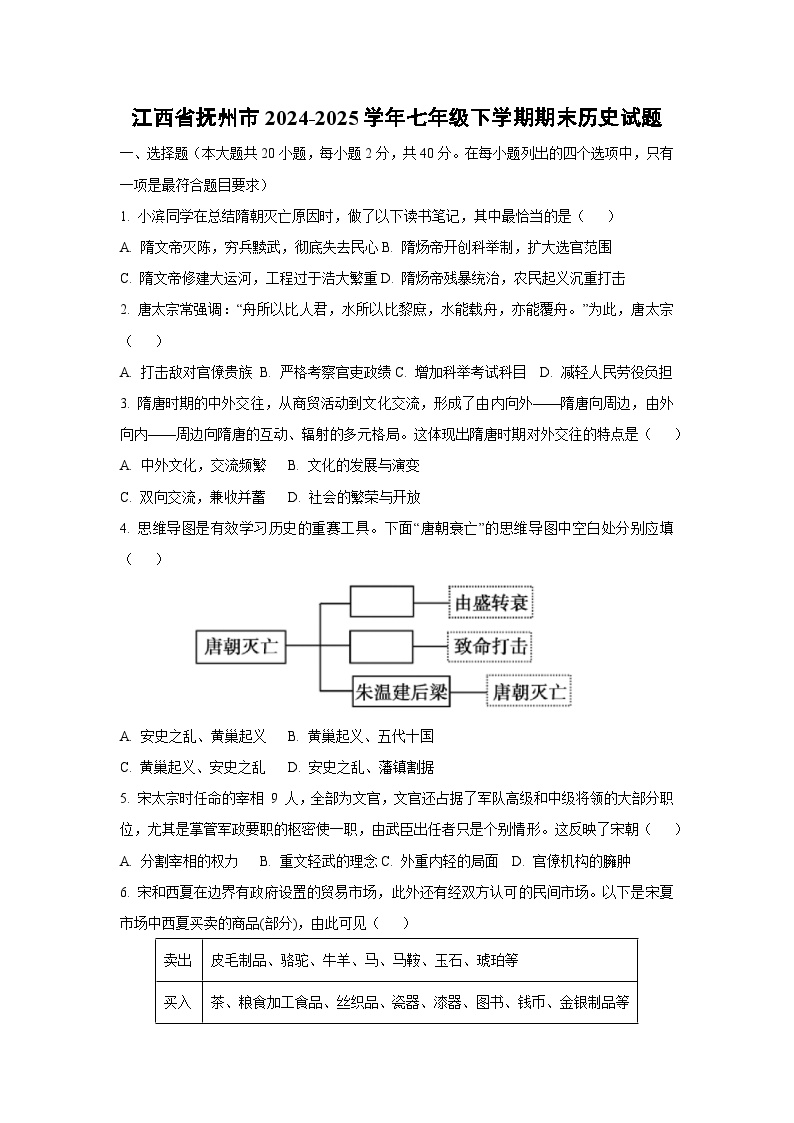 江西省抚州市2024-2025学年七年级下学期期末历史试卷（学生版）