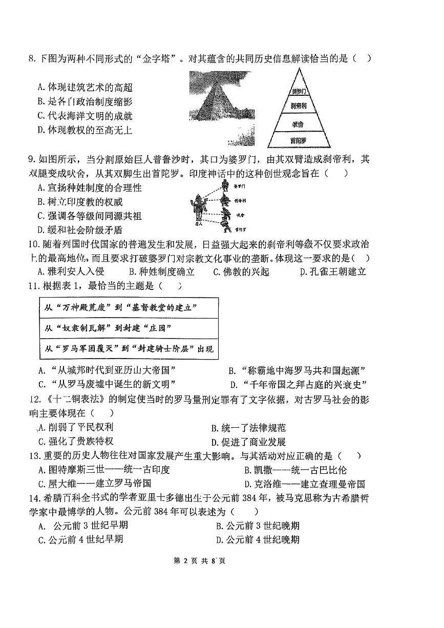 福建省漳州市漳浦第一中学2025-2026学年上学期九年级历史综合练习一(月考)第2页