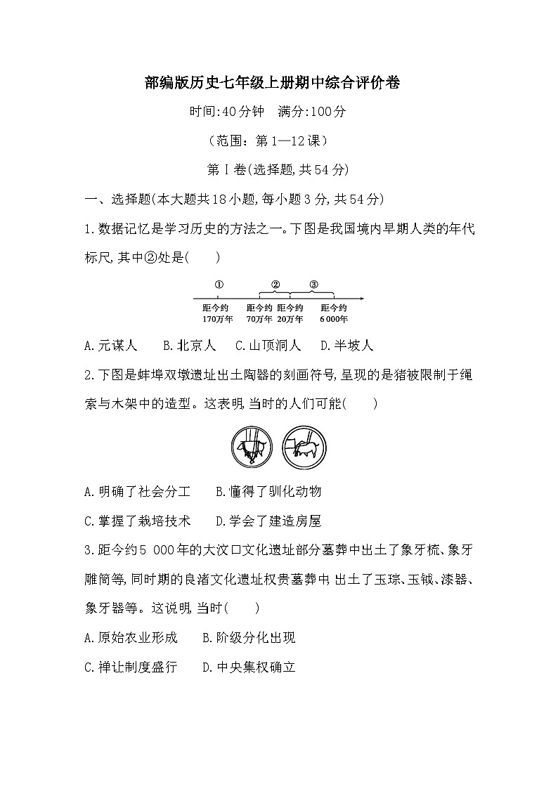 2025秋历史七年级上册期中综合评价卷(第1—12课)(含答案)第1页