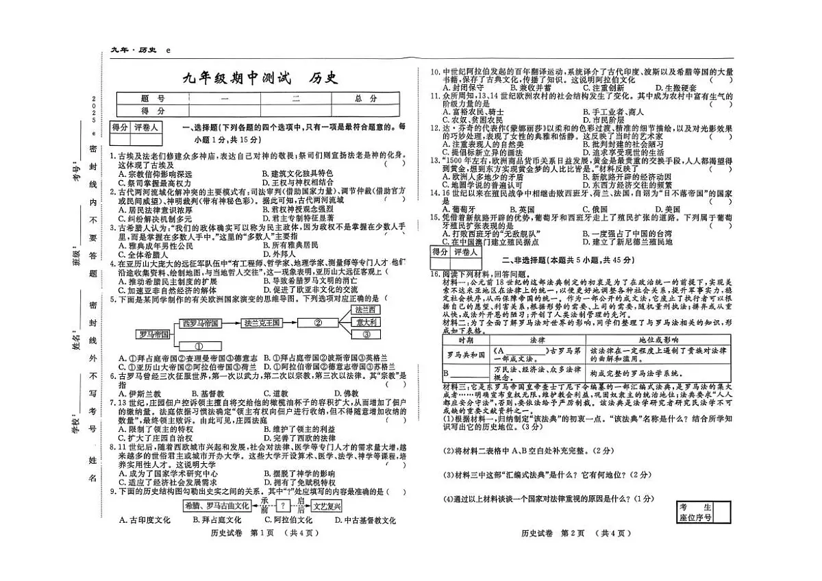 吉林省白山市2025-2026学年九年级上学期期中考试历史试卷第1页