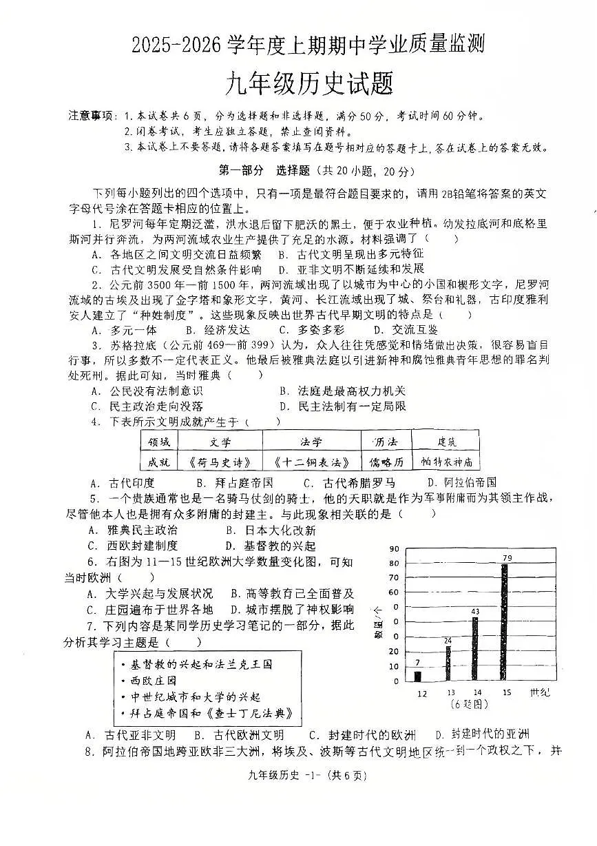 河南省信阳市息县2025-2026学年九年级上学期11月期中历史试题第1页