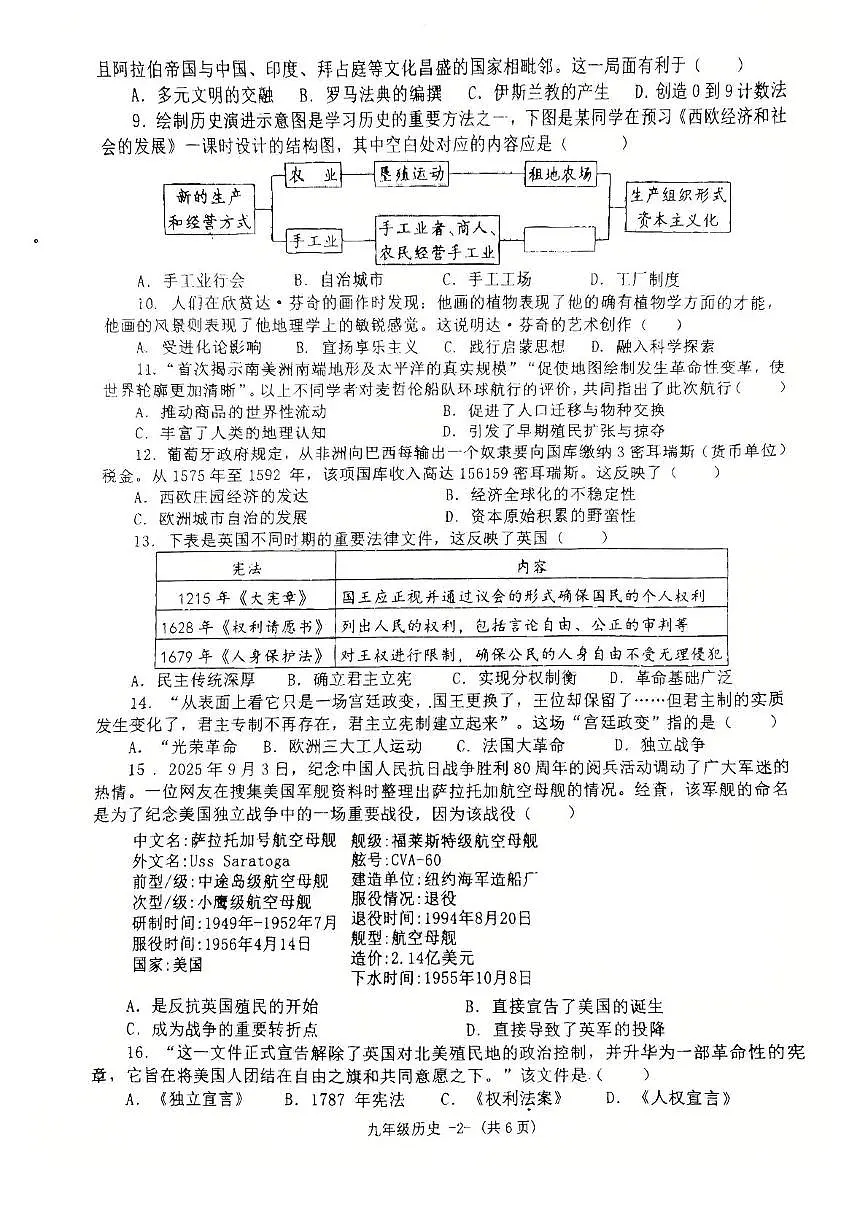 河南省信阳市息县2025-2026学年九年级上学期11月期中历史试题第2页