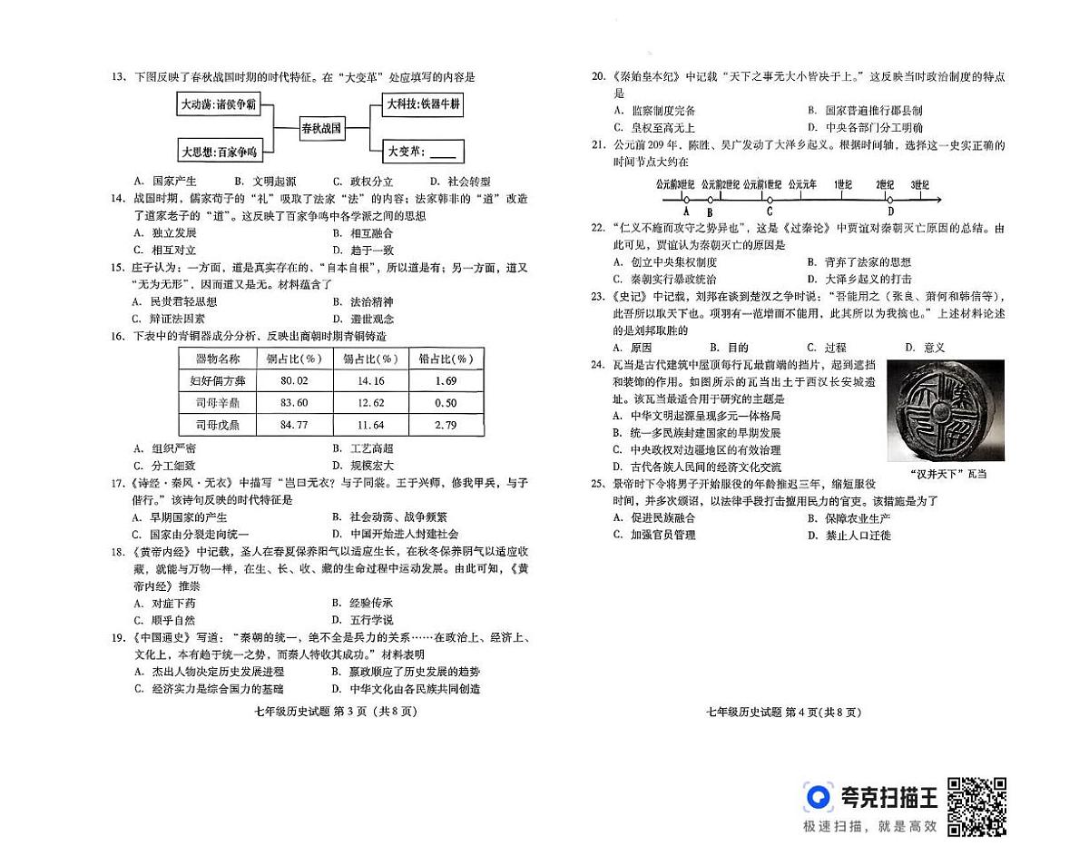 山东省潍坊市坊子区2025-2026学年七年级上学期11月期中历史试题第2页