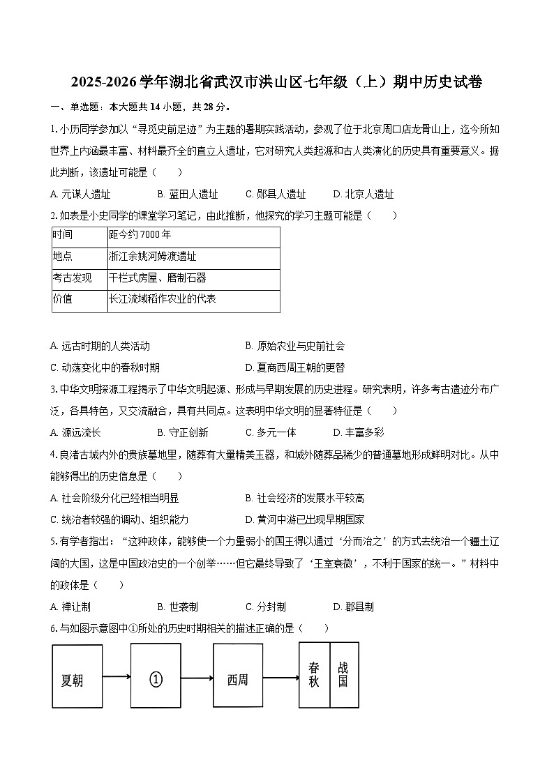2025-2026学年湖北省武汉市洪山区七年级(上)期中历史试卷-自定义类型第1页