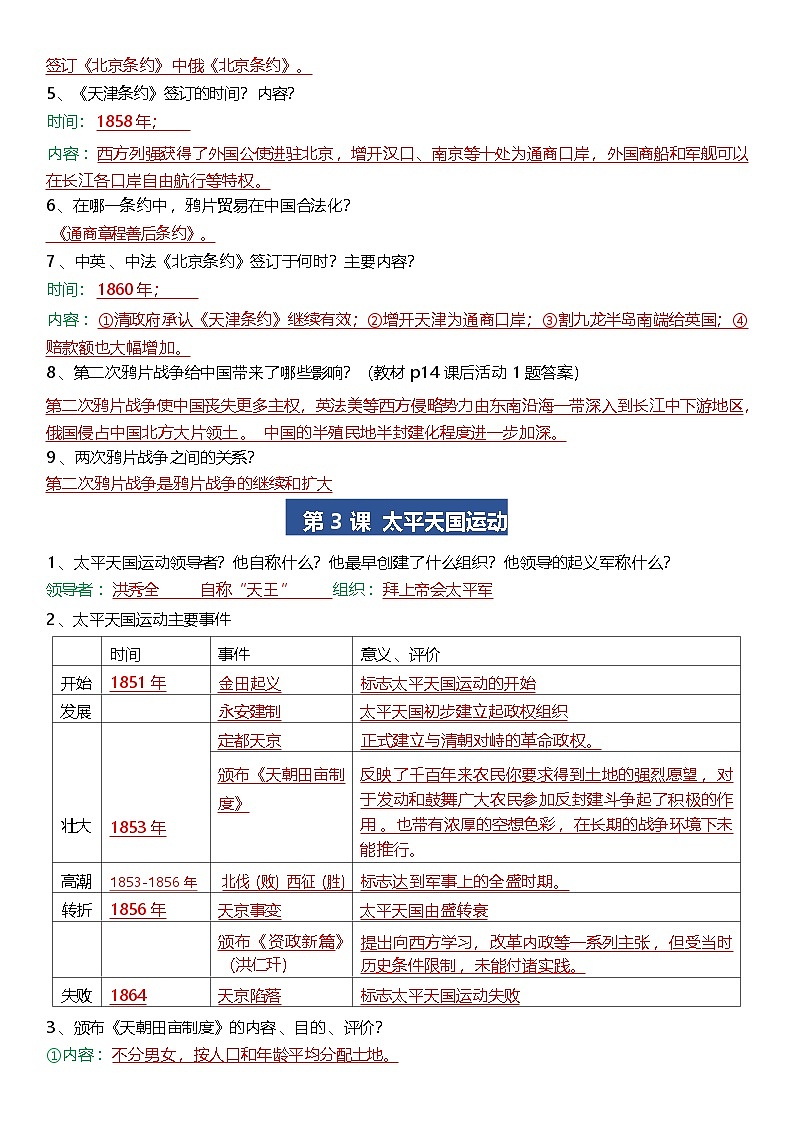统编版(2024)八年级上册历史期末复习全册问答式考点提纲(含填空练习版)第3页