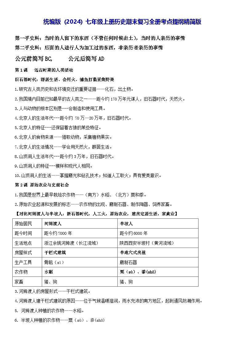 统编版(2024)七年级上册历史期末复习全册考点提纲精简版(含答案) 讲义第1页