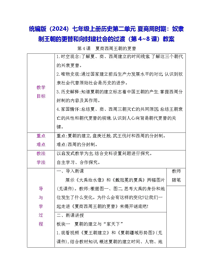 统编版(2024)七年级上册历史第二单元 夏商周时期:奴隶制王朝的更替和向封建社会的过渡(第4~8课)教案(表格式)第1页
